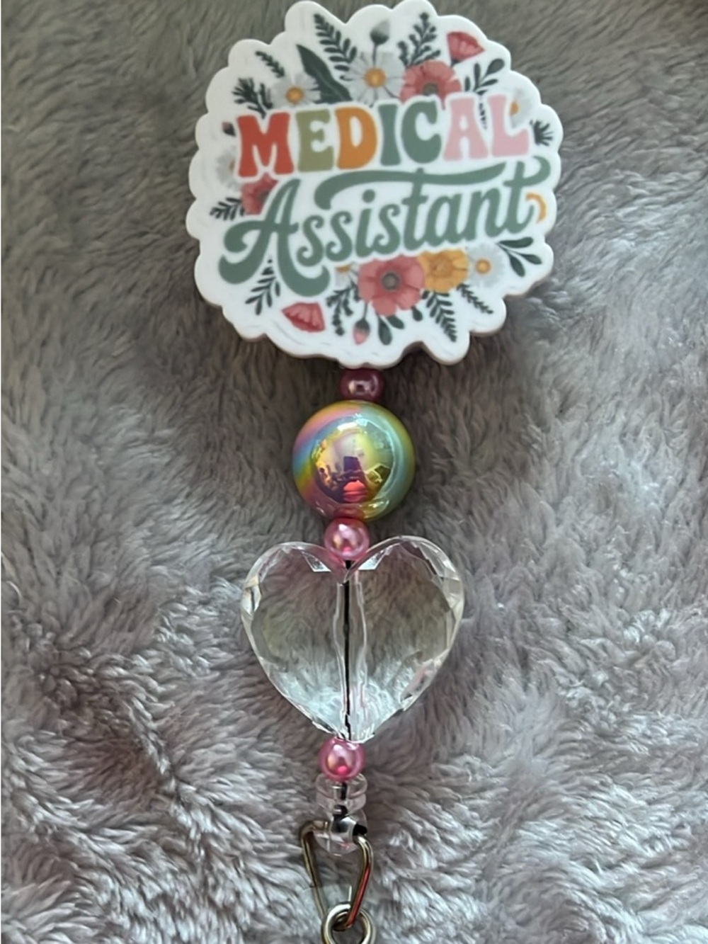 Medical Assistant Badge Reel with Floral Logo and Clear Heart Charm